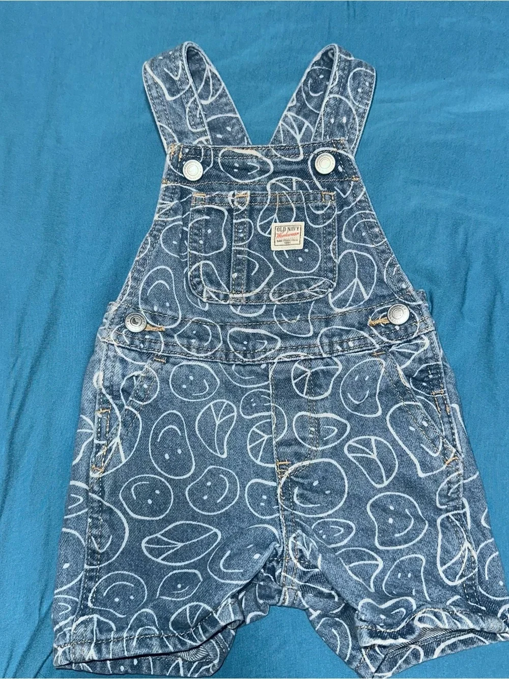 Old Navy Blue Denim Smiley & Leaf Print Short Overalls for Kids